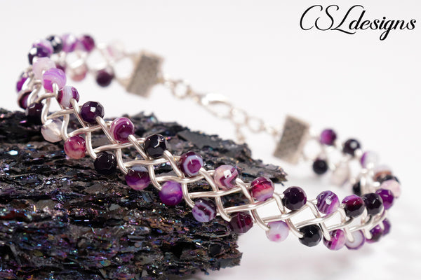 Outside beaded wirework braided bracelet ⎮ Silver and purple