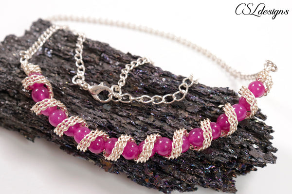 Twisted wire kumihimo necklace ⎮ Silver and pink