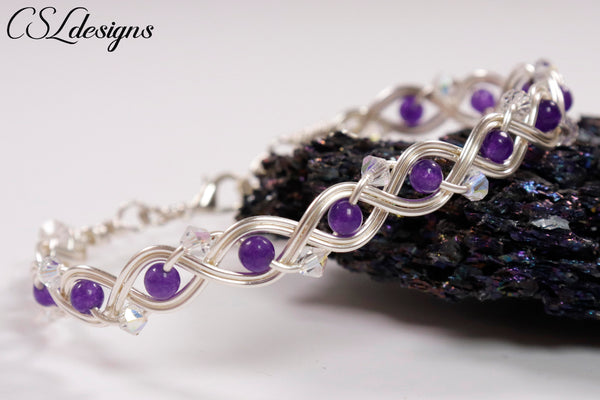 Elegant braided wirework bracelet ⎮ Silver and purple