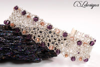 Wire crochet beaded bracelet ⎮ Silver, rose gold and purple