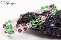 Alternating square knot wire macrame bracelet ⎮ Silver, purple and green