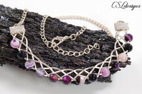 Beaded 4-strand braid wirework necklace ⎮ Silver and purple