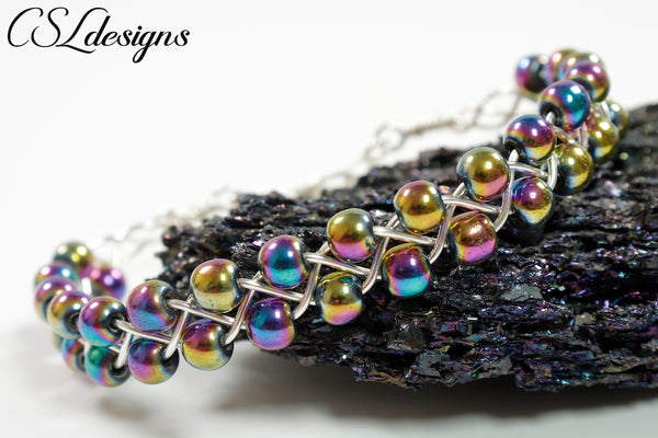 Outside beaded wirework braided bracelet ⎮ Silver and rainbow