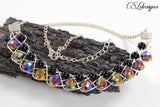 Beaded 5-strand braid wirework necklace ⎮ Silver, rainbow and black